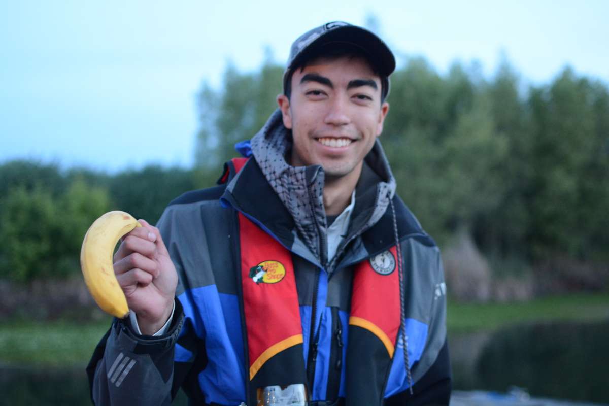 Nick Nikchevich of University of Southern California is about to eat his breakfast quickly because he surely isnât taking a banana into the boat.