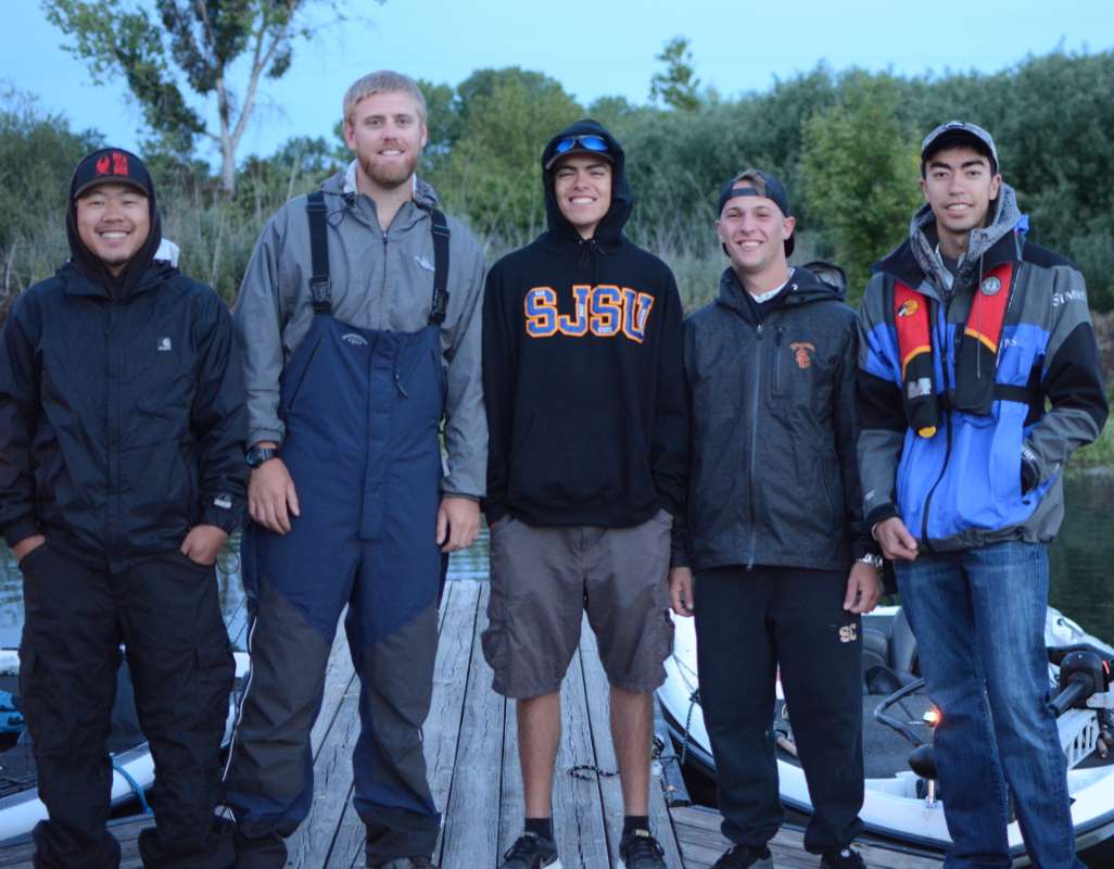 Teams from different schools have become friends out on the water. From left are Andrew Sumi, Cody Wilson and Roberto Munoz, all of San Jose State; and Elliott Beckstrom and Nick Nikchevich of University of Southern California.