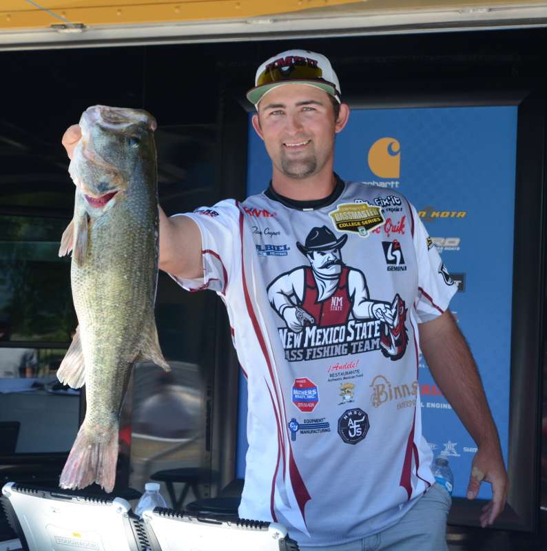 Cooper shows off the Carhartt Big Bass of the tournament, a 7-15.
