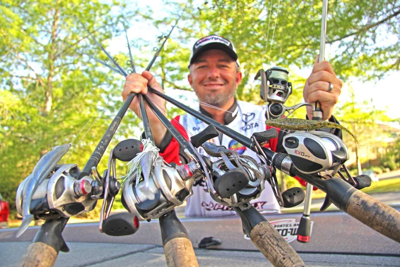 <b>FIVE </b>lures Gleason says he would have tied on if he were competing in the Elite Series tournament that began today on Toledo Bend: 1) a V & M Thunder Shad on a weighted hook for casting around shallow vegetation; 2) a 3/8-ounce swim jig; 3) a Texas rigged Delta Bug with a 3/8-ounce worm weight for casting to deeper spawning beds in 5 to 6 feet of water; 4) a weightless soft jerkbait for fan casting around spawning areas; 5) a soft stickbait rigged wacky style on a Quantum EXO spinning combo. 