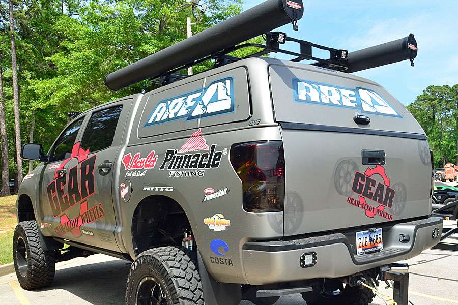 A truck cap like this one from A.R.E. is akin to a boat cover; it's the first line of defense and a major deterrent for thieves. Many of the Elite Series pros have them on their truck, including Britt Myers' Tundra in this photo.