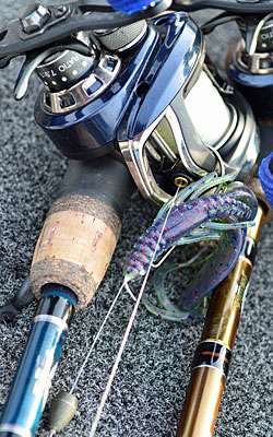 Aboard Ott DeFoe's Nitro Z9 we find a Berkley Power Hawg ready to be pitched into the hay grass along the bank.