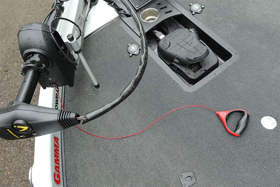 He uses a T-H Marine G-Force trolling motor handle to pick up his Minn Kota. Unlike the factory rope, this cable unit will never fray.