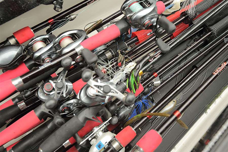 Tharp has a little more than 20 rods on his boat this week. When fishing lakes in Florida, he usually carries fewer rods.