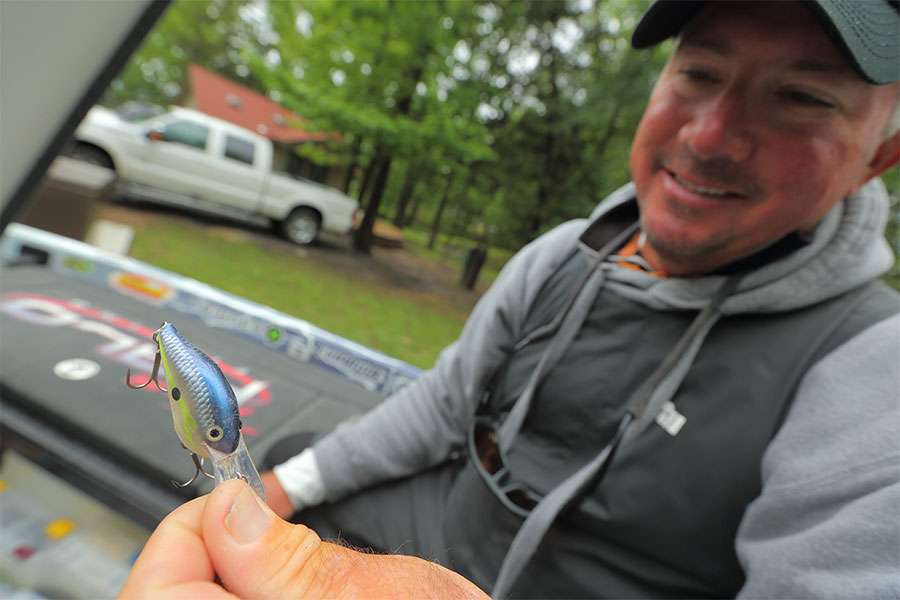Tharp shows one of his money baits, a DT6 with many bite marks on it.
