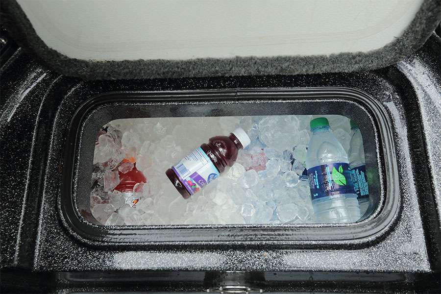 Tharp's cooler box could be the most organized: water on the right, Gatorade on the left and cranberry juice in the center for breakfast.