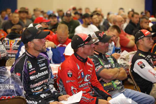 Anglers listen for their Day 1 pairing. 
