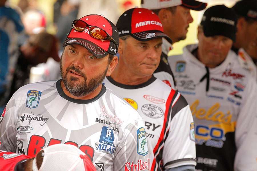 Greg Hackney and other anglers are in line for the weigh-in.