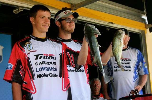 In a new B.A.S.S. Nation tournament format, two high school anglers fish together for the last two days of the three-day divisional tournaments and their combined catches are added to their stateâs team. Here, Missouri anglers Kaleb Lenhert (left) and Bryce Soske show off the keepers they caught on Friday, the second day of high school competition. Those bass weighed a combined 4 pounds, 12 ounces.