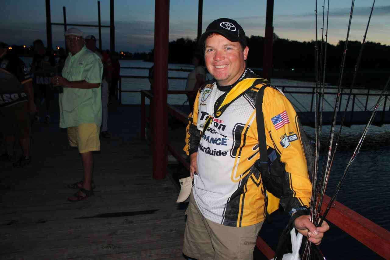 Mississippi B.A.S.S. Nation angler Savie Goff waits for his Day 1 partner this morning as the sun rises on Lake Eufaula. Not much current is pulled on Eufaula, Goff says, but if youâre in the right place when it is you can sack a big back quick.