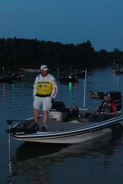 Missouri angler Nate Maher (standing) and Texas angler Trevor Rogge will split time running the boat and trolling motor today, as per B.A.S.S. Nation competition rules. Rogge entered Day 2 of competition in second place, Maher in 16th.