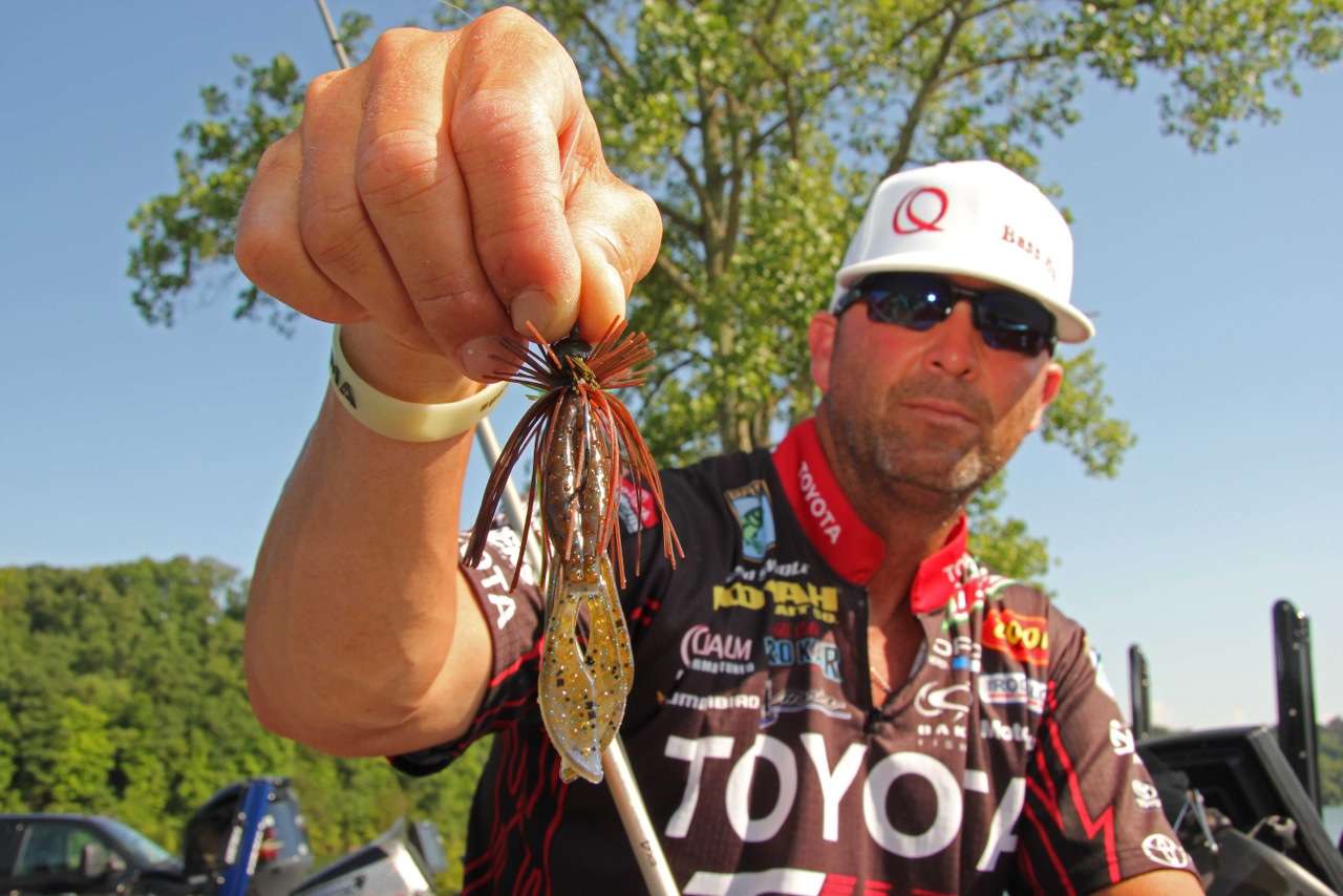 His primary lure was a 3/8-ounce Booyah jig with a green pumpkin/blue flash Zoom Z-Hog threaded on to the hook as a trailer. 