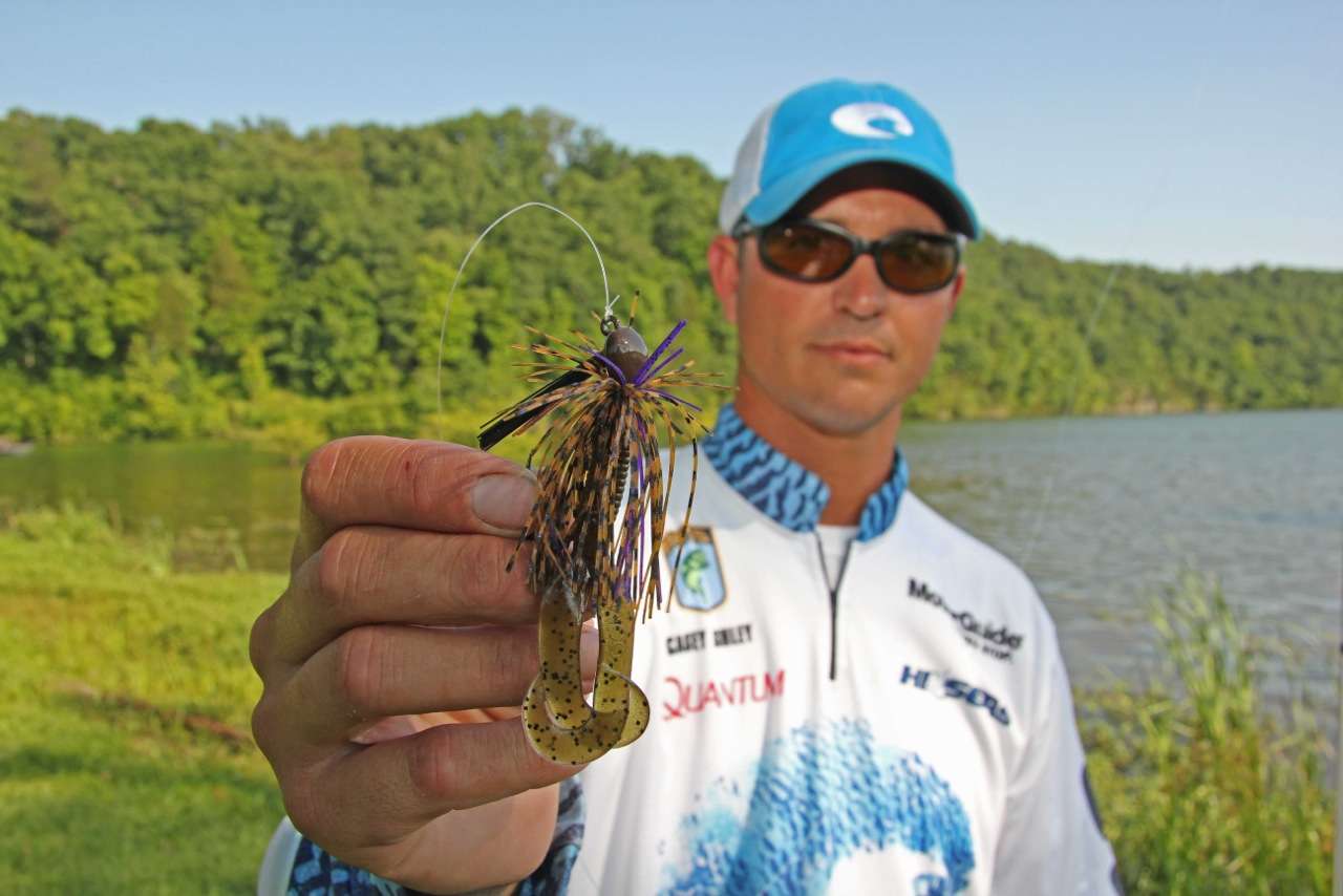 His primary lure at BASSfest was a 3/8-ounce Shooter Lures jig with a green pumpkin Zoom Creepy Crawler trailer threaded on the hook.
