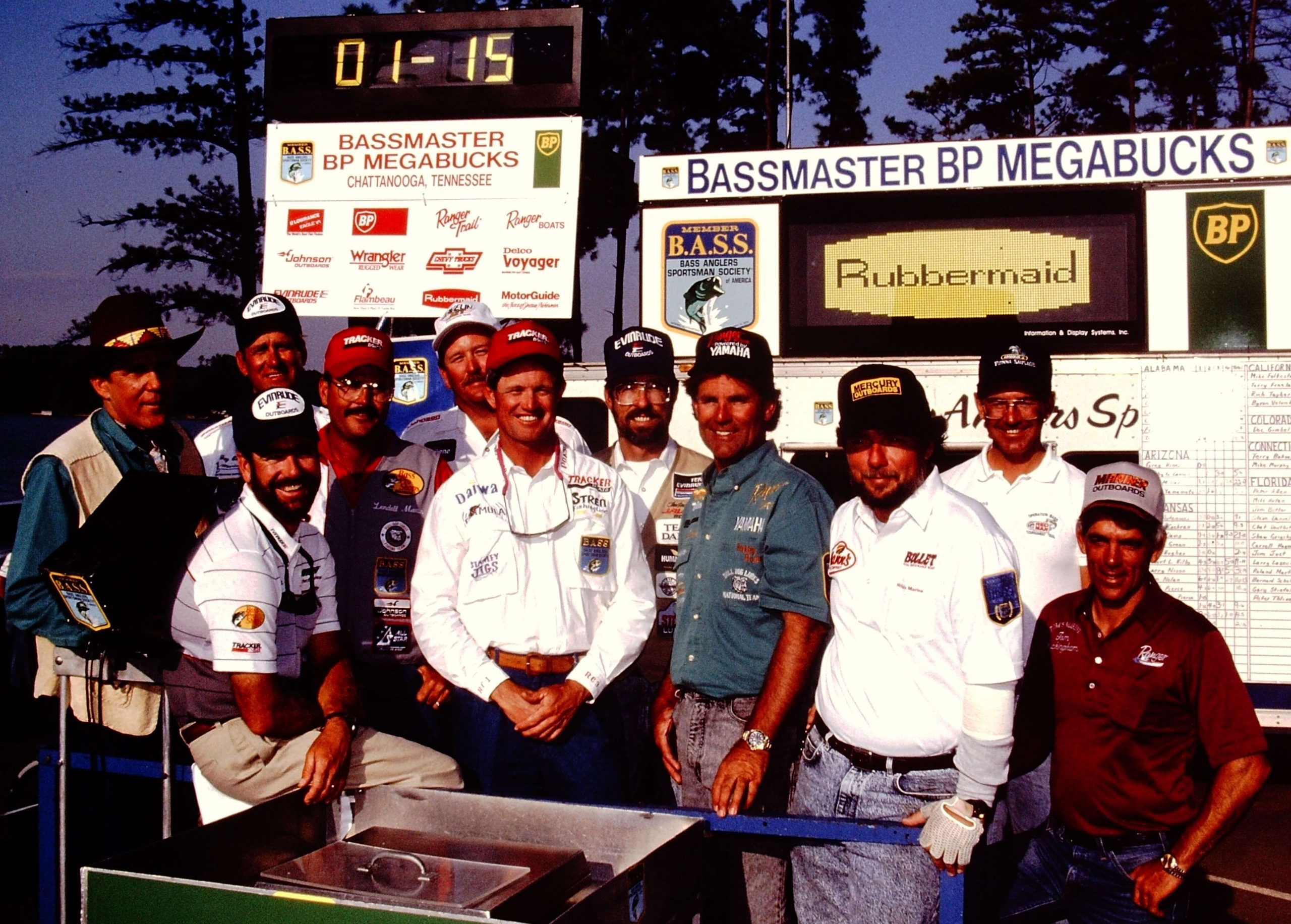 Pictured with Ray Scott are the Top 10 competitors the last time B.A.S.S. visited Chickamauga. The only one among them who is competing in BASSfest is Rick Clunn. Others who fished in 1991 and will be also competing in BASSfest include VanDam (10th), Grigsby (13th), Rowland (14th), Mark Davis (17th), Gary Klein (18th), Tommy Biffle (19th), Bernie Schultz (26th), Alton Jones (63rd), Paul Elias (114th), Kenyon Hill (131st) and Byron Velvick (137th).