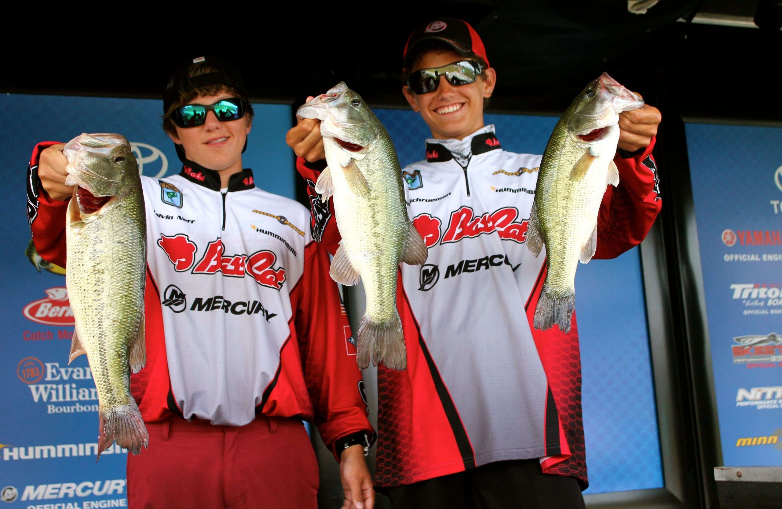 Arkansas B.A.S.S. Nation high school anglers Calvin Neff and Dayten Schureman caught five bass weighing a combined 11 pounds, 10 ounces in their first day of competition. They attend Rogers High School. 
