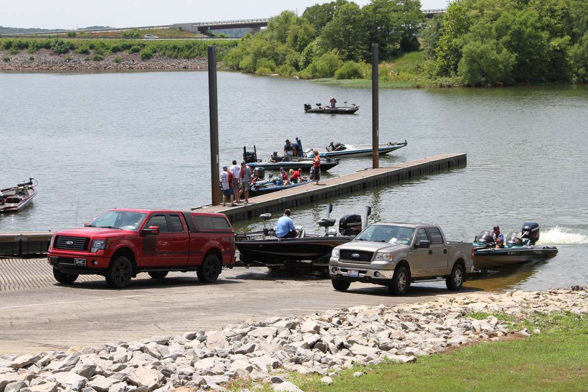 Anglers pull their boats out of Kerr Reservoir for the Day 2 weigh-in.