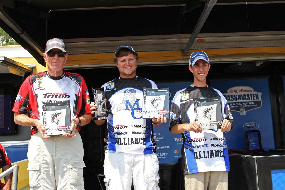 Virginia high school anglers James Graves and Brandon Strayer display their awards, along with Coach Red Bruun.