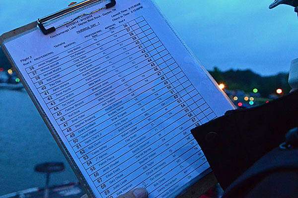 B.A.S.S. staffer Chuck Harbin holds the launch list as anglers idle by.