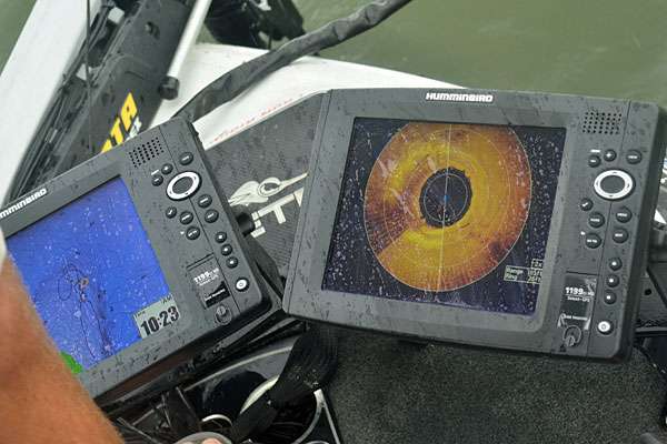 His Humminbird 360 shows plenty of bass and bait, but like always, the challenge was getting them to bite.