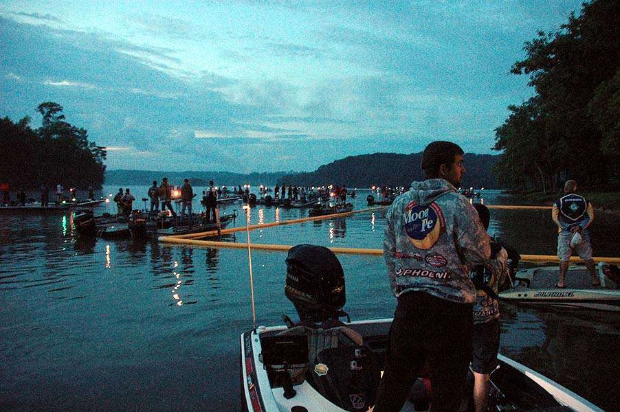 âThe Star-Spangled Bannerâ plays as the College anglers prepare for a day of fishing on Watts Bar Lake. 