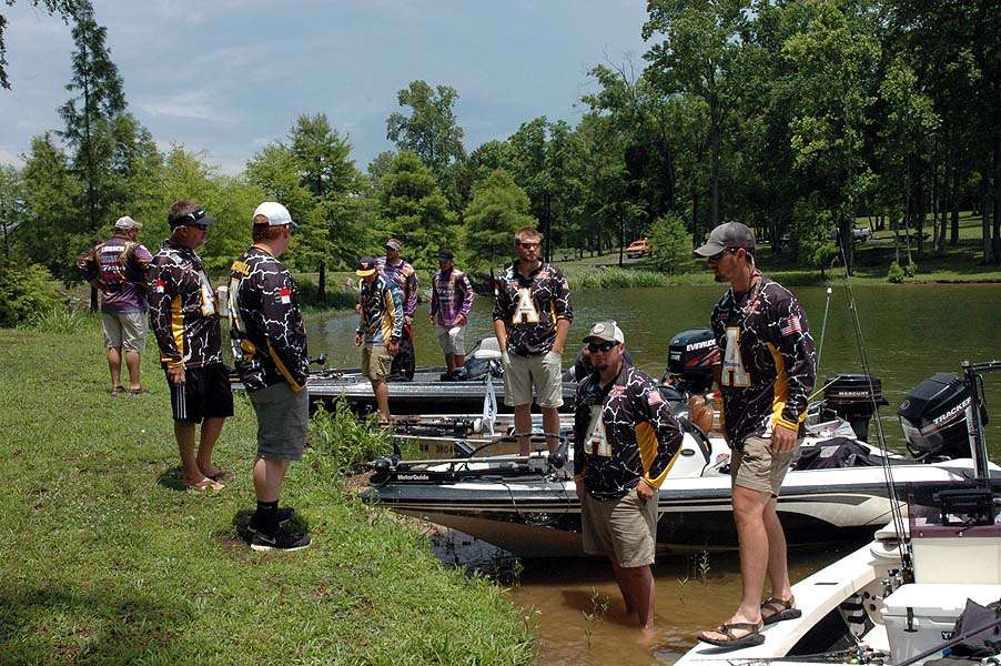 The Mountaineers from Appalachian State University gather on the shoreline as the Day 1 weigh-in is about to begin. 