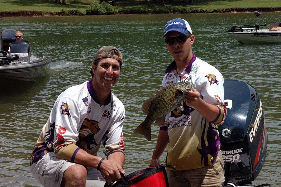 The Western Carolina University team of Hicks and Neary add a smallmouth to their bag, eventually weighing 16 pounds. They are in second place after Day 1. 