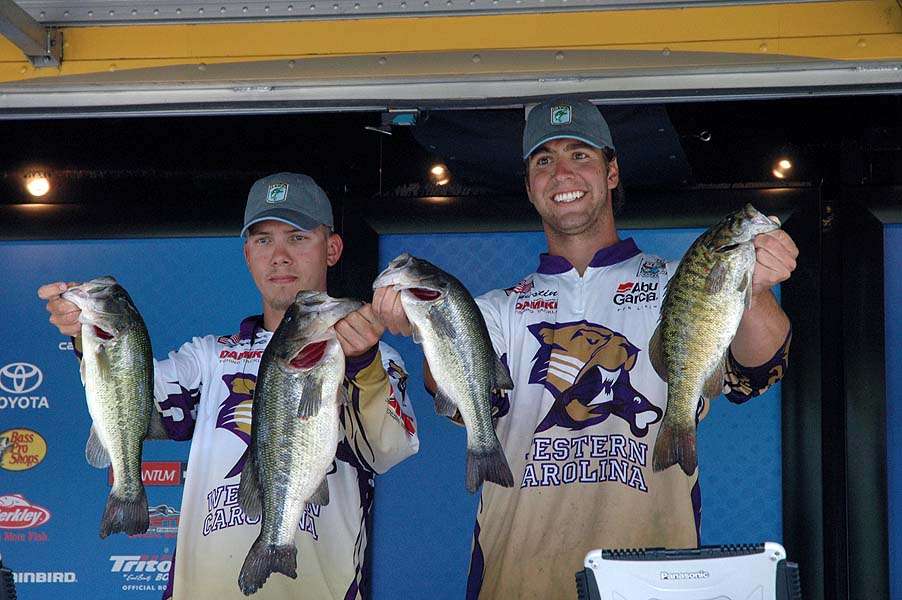 Hicks and Neary hold up their catch. It weighs 16 pounds and momentarily takes the lead. Even so, the team from Western Carolina University is in second place. 