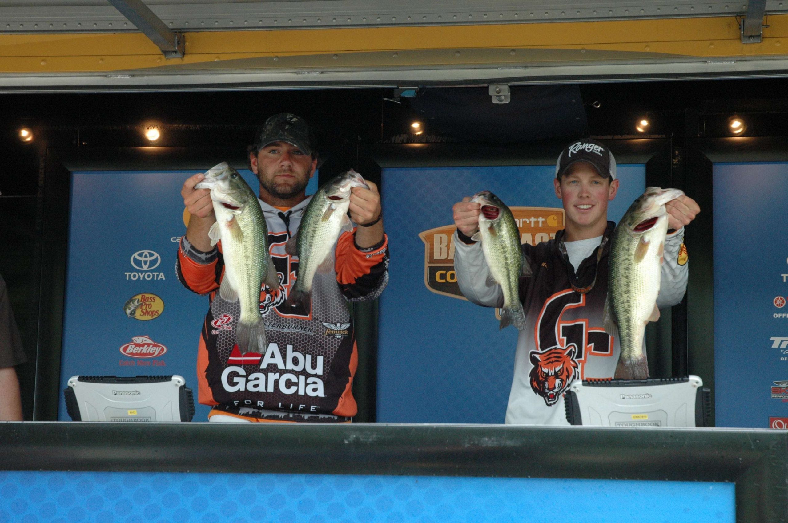 Mike Huff and John Hunter with part of their Day 1 catch weighing 13-7. The team from Georgetown College is the fifth place team. 