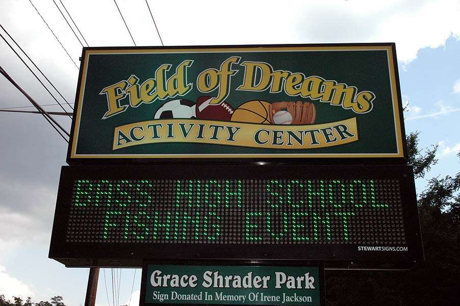 The sign at Field of Dreams Activity Center in Dandridge, Tenn., welcomes teams and coaches to the Bassmaster High School Open.  