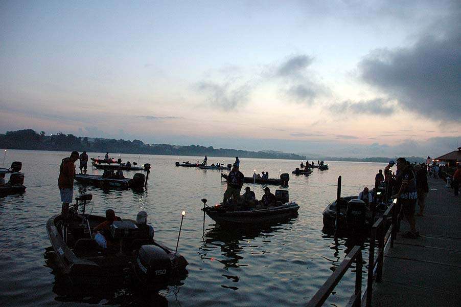 All of these boats soon will idle into a single line for the takeoff. 

