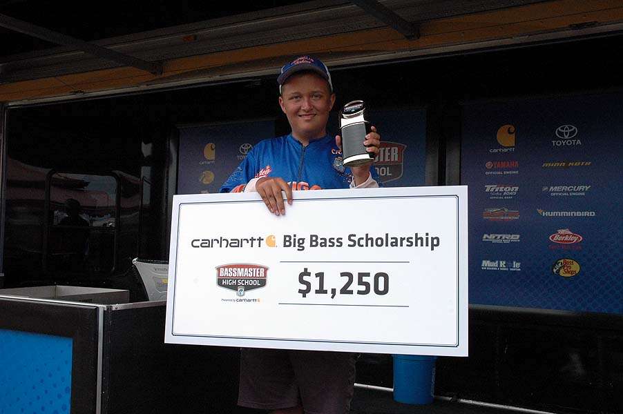 Craig Wilson with his scholarship for winning the Carhartt Big Bass award. He caught a largemouth weighing 6-2 to earn the prize. 