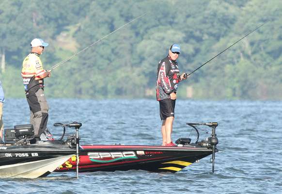 Lane and Kriet gather close to the sweet spot where the three anglers caught big fish on Day 2.