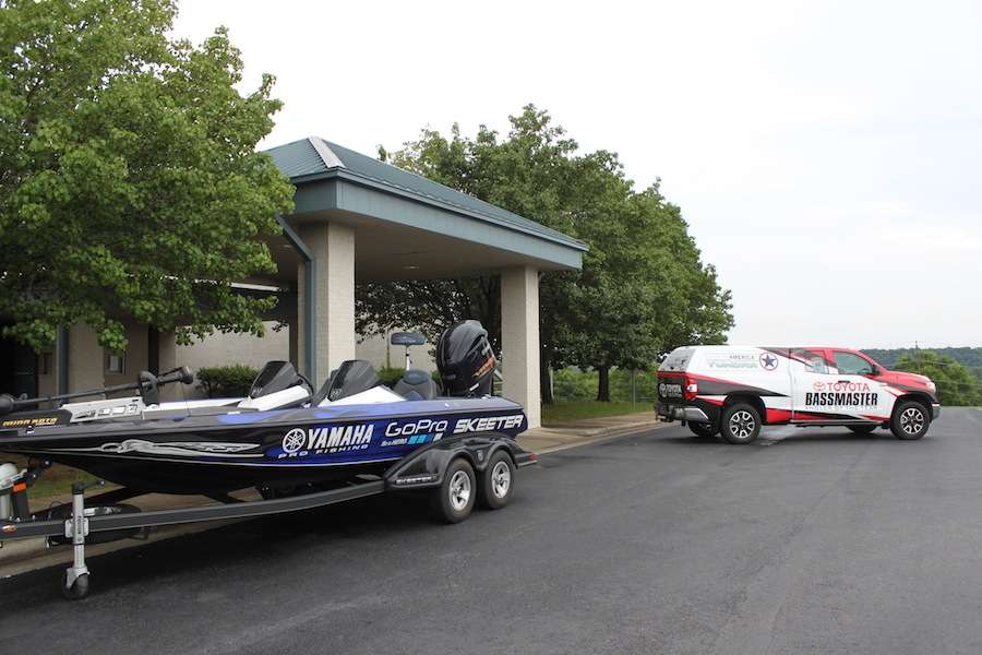 The GoPro Skeeter Yamaha and Toyota Tundra out front of registration. 