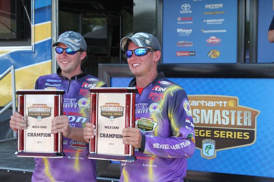 Dalton Wilson and Randall Morris of Bethel University weigh 48-14 for two days to win the Carhartt Bassmaster College Series National Championship. 