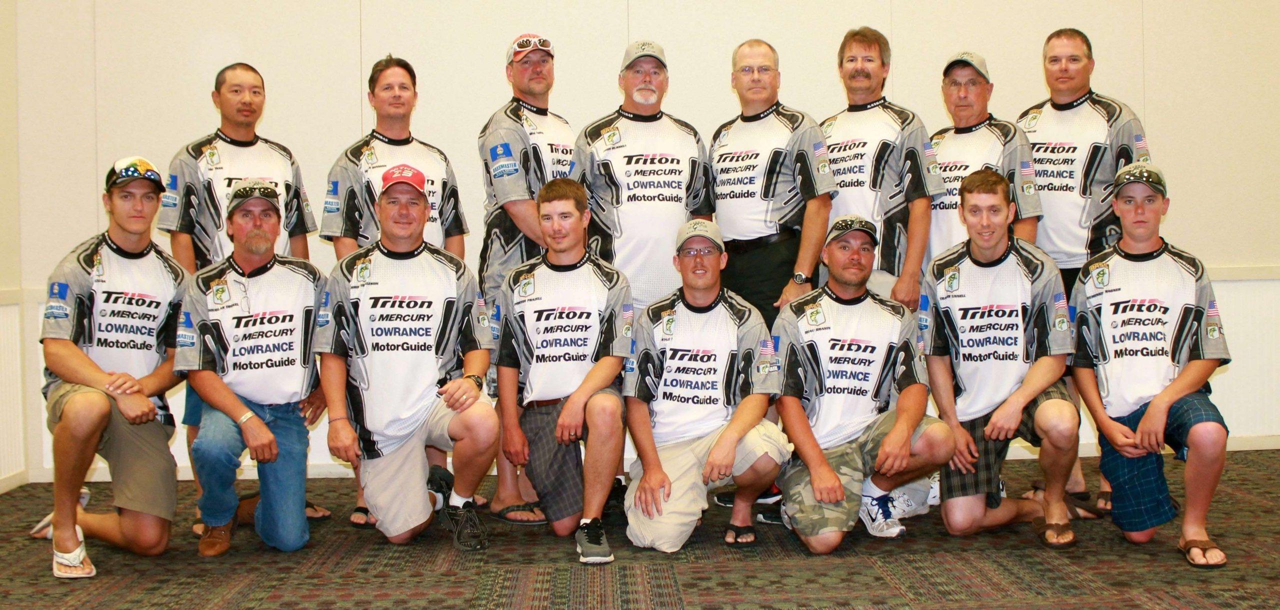 The Kansas B.A.S.S. Nation Central Divisional team comprises: (Back row, l to r) Abe Yang, Jeremy Dineen, Brian Penning, John Russell,Don Leatherman (president), Joel Porter, James Parsons, Kevin Miller; and (front row) Nick Luna (high school team), Doug Troxel, Chris Torkelson, Preston Frazell, Kyle Klein, Beau Branine, Travis Tunnell and Remington Wagner (high school team).