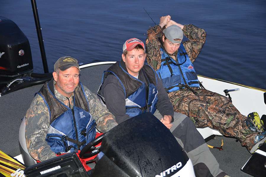 The Clinton, Tenn. team of Jake Lee and Jacob Mashburn are ready to go. They left the dock in third place. Boat captain Joe Lee mans the driver seat.