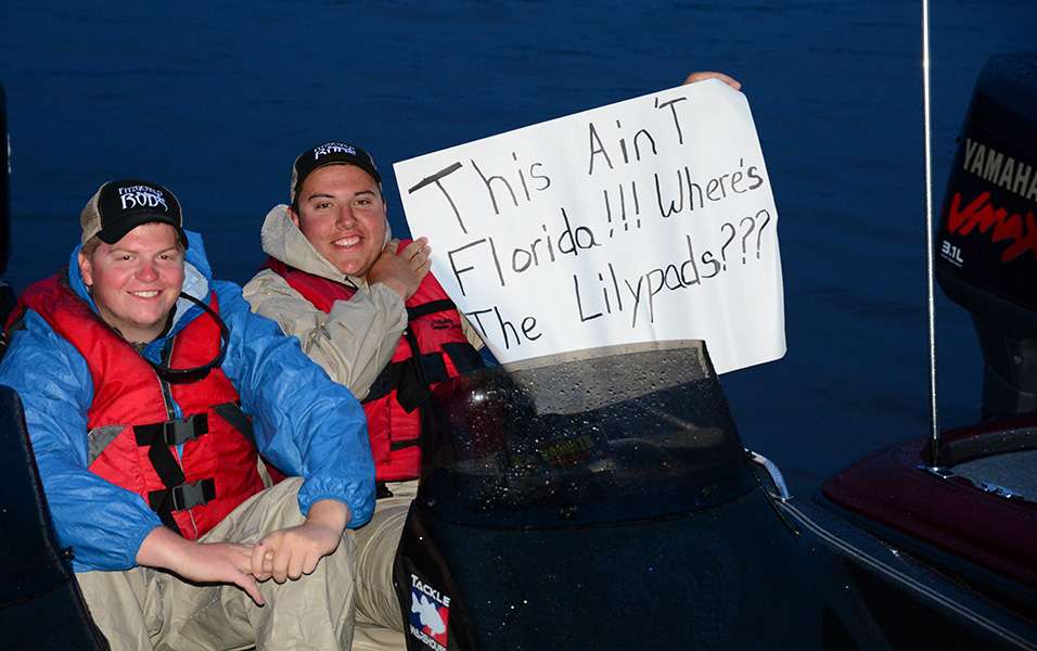 The Florida team of Kyle Tomlinson and Brad Cook display their creative sign before they launched.