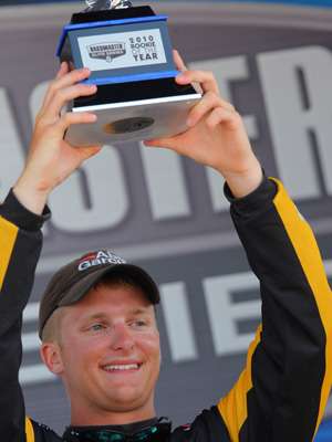 Here's Roy with the 2010 Bassmaster Rookie of the Year award. If he still looks young, that's because he's just 19 in this photo.