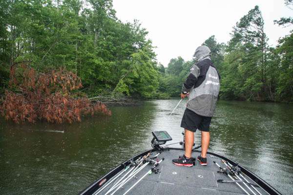 10:19 a.m. As rain continues to fall, Prince tries a buzzbait around some laydown trees.