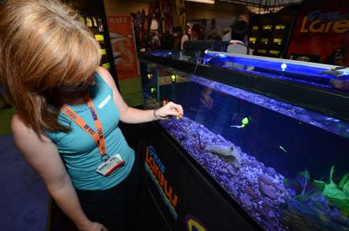 The lure test tank at the Gene Larew booth is positively glowing.