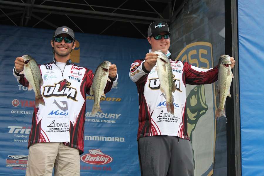 Nick LaDart and Brian Eaton of the University of Louisiana Monroe weigh-in 12-3 for 4th place on Day 1 of the Carhartt Bassmaster College Series National Championship at Chatuge Reservoir. 