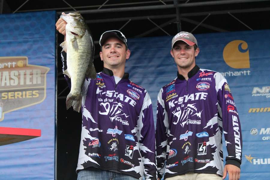 Garrett Cates and Graham Howard of Kansas State University tie for the Carhartt Big Bass with this 6-7 stud. 