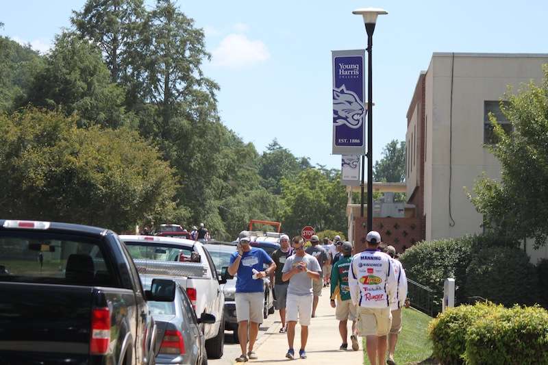 Anglers arrive on Young Harris College's campus for registration of the Carhartt College Series National Championship which will be held this week on Chatuge Reservoir. 