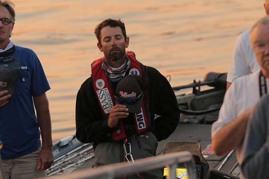 Local favorite Mike Iaconelli takes a moment to breath and relax his mind during the National Anthem.