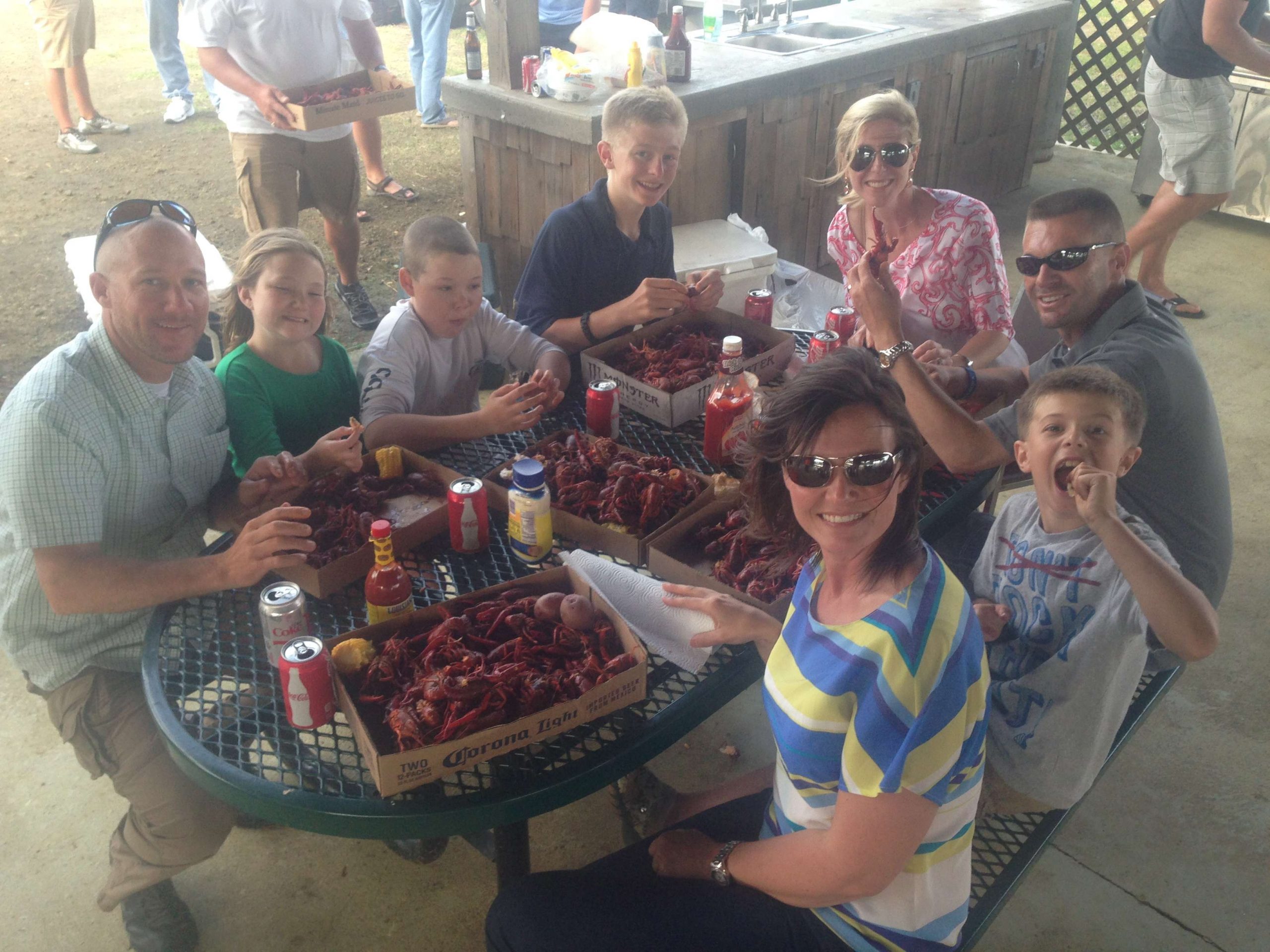 The Howells share a crawfish meal with their good friends the Chapmans.