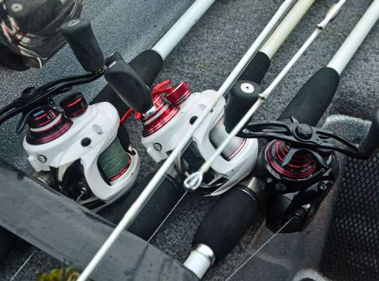 On board J Todd Tucker's boat are an assortment of Duckett Fishing rods and reels.