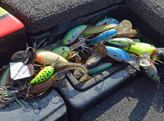 His boat accumulates baits as he travels all over the country fishing.