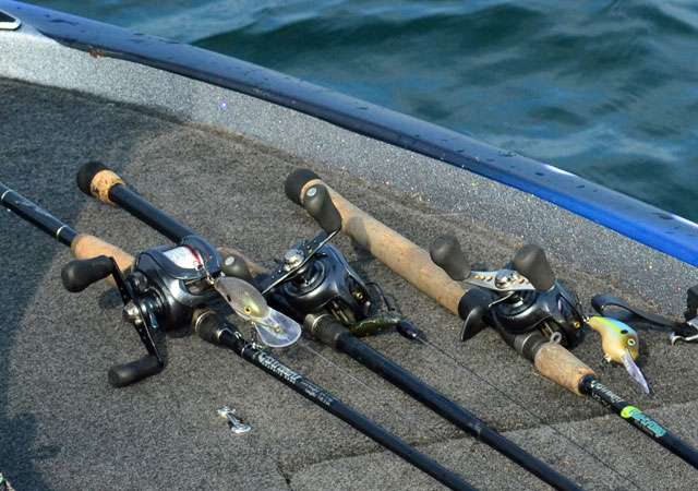 He had a smattering of Strike King baits on deck, rigged on CastAway Rods with Shimano reels.