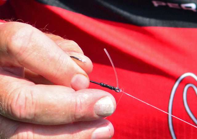 Here's a neat trick that Davis employs when fishing a wacky worm around sparse cover: Take a short length of super-heavy monofilament and wrap it around the shank of the hook to make a lightweight weedguard.