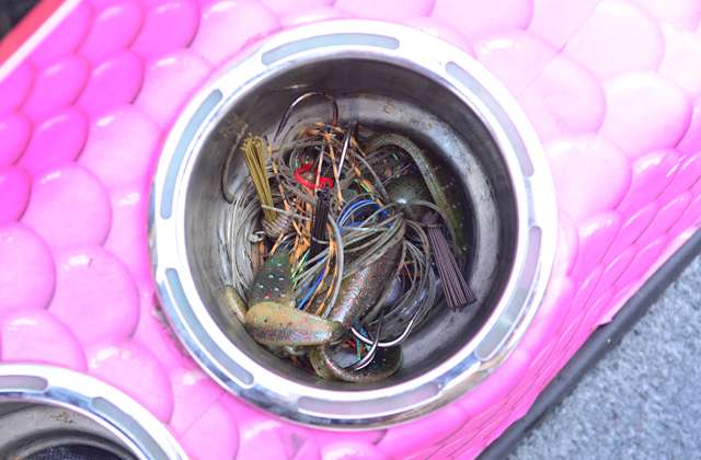 Here are a few Jewel jigs and Zoom plastics in a cup holder.